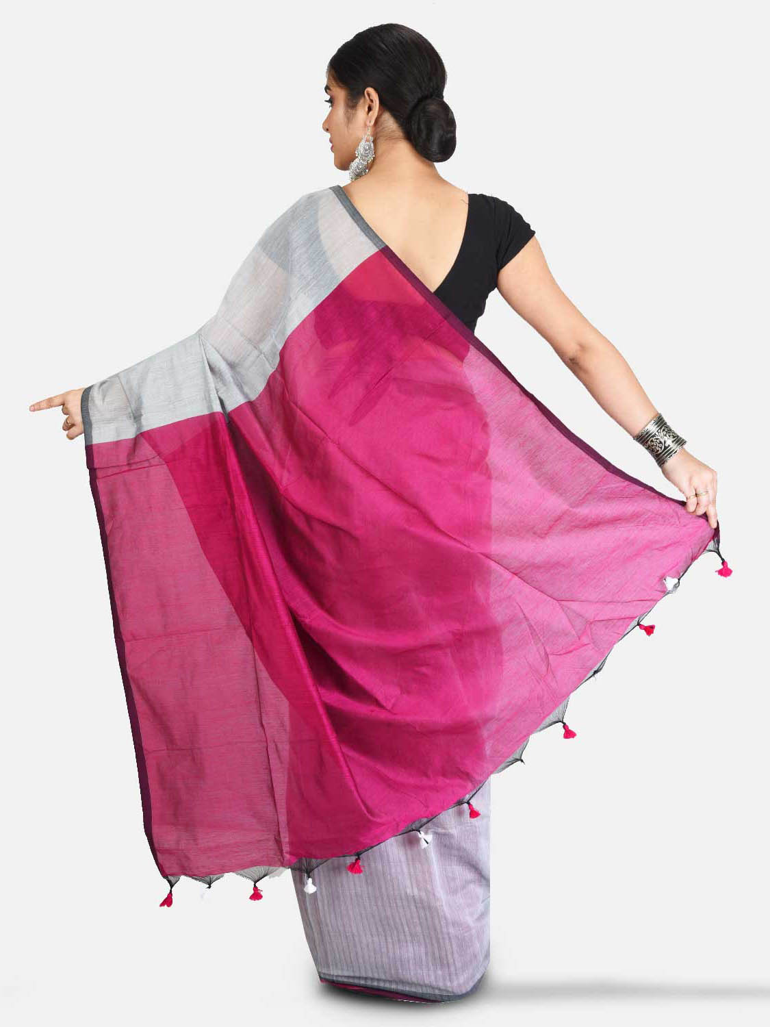 Buy Online Gicha Pure Silk Saree Handloom Grey Deep Pink Ghicha Saree